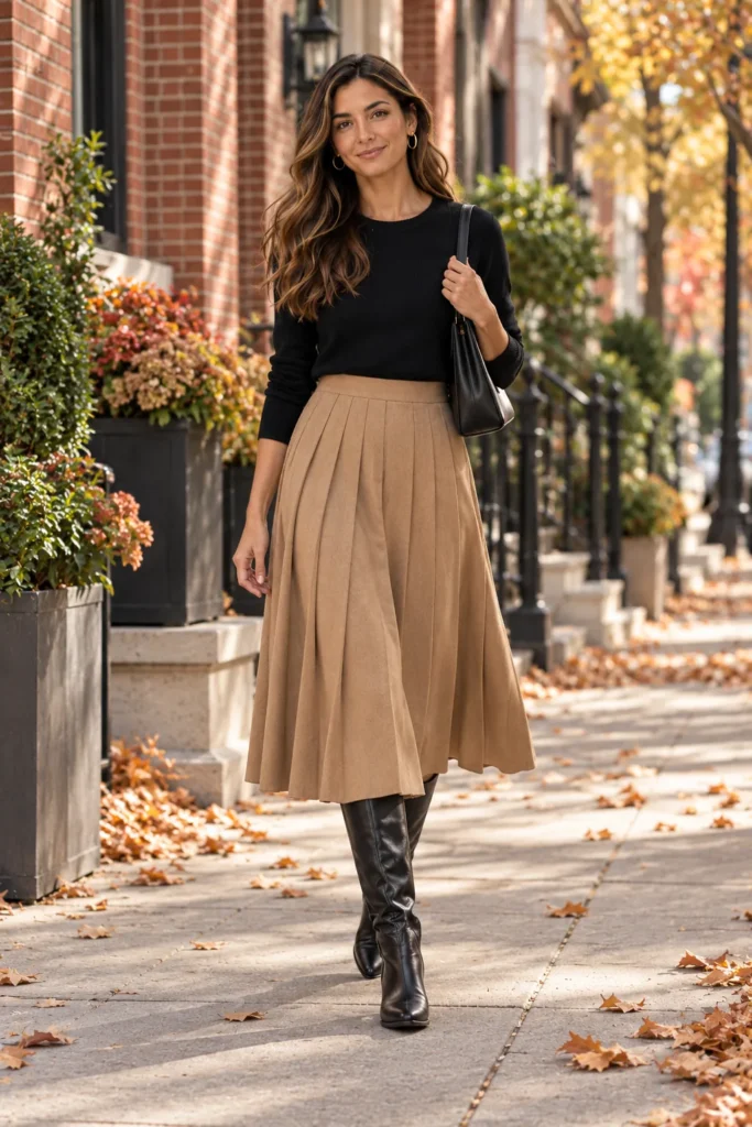 Black crewneck sweater with camel pleated midi skirt and black knee-high boots