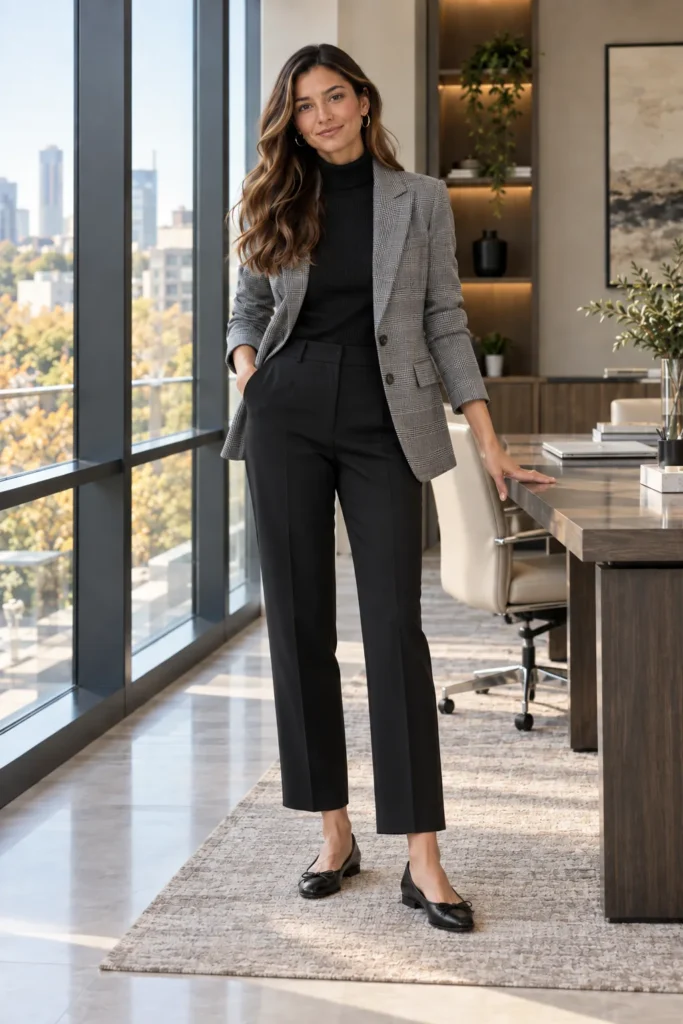 Grey plaid blazer over black turtleneck with cropped black trousers and ballet flats