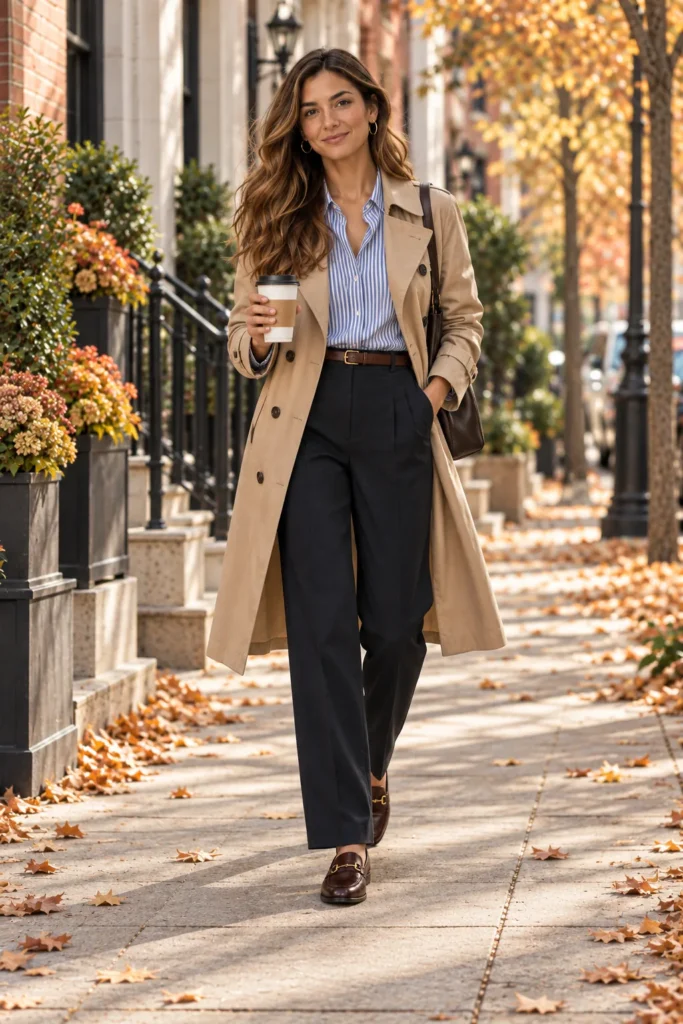 Open beige trench coat over blue striped shirt with dark trousers and brown loafers