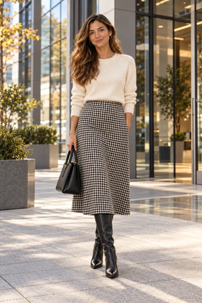 Cream knit sweater with black and white houndstooth midi skirt and knee-high boots