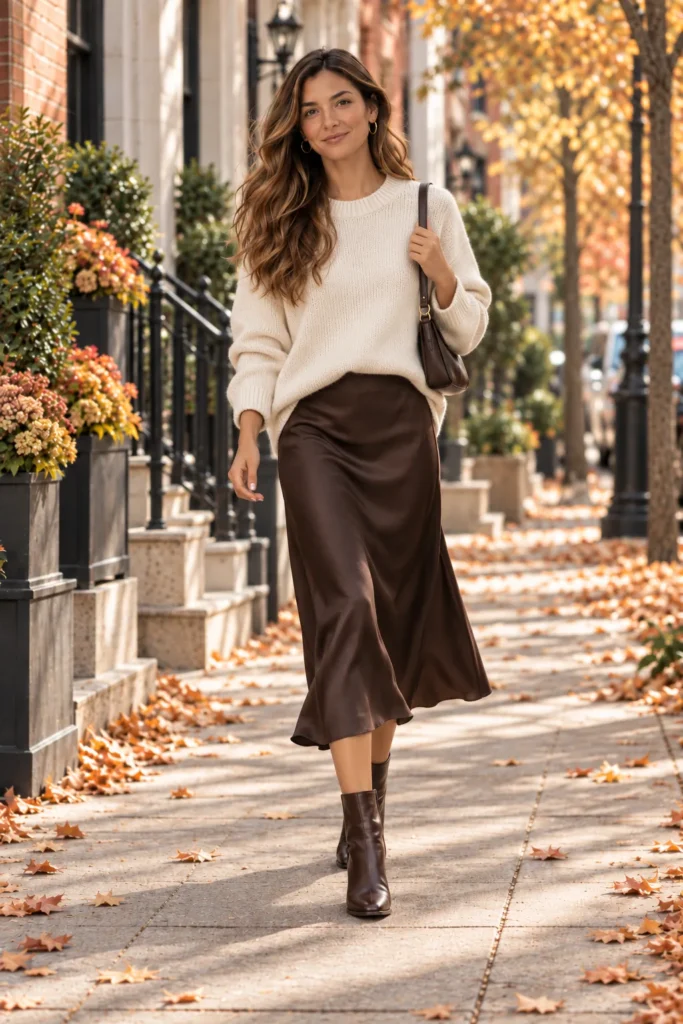 Oversized cream knit sweater with chocolate brown satin midi skirt and ankle boots