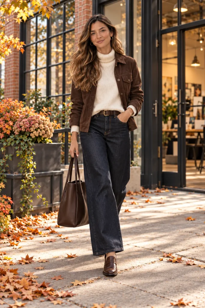 Brown suede jacket over cream turtleneck with dark wide-leg denim and loafers