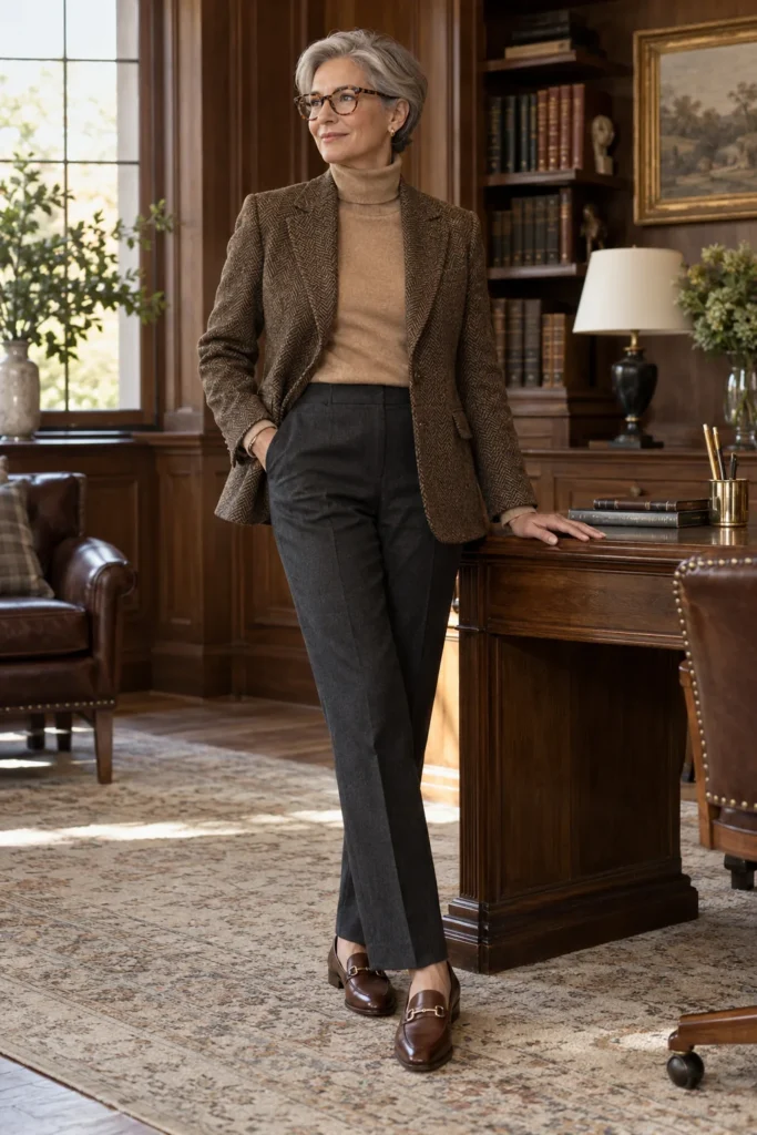 Woman in her 50s wearing brown tweed blazer, camel turtleneck and charcoal trousers