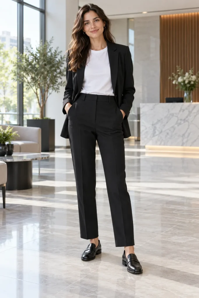 Woman in a black blazer, white tee, black straight trousers and black penny loafers in an office lobby