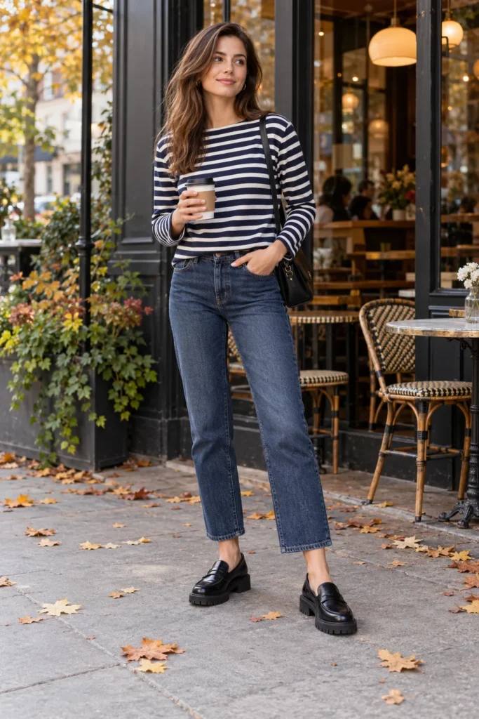 Woman in a navy striped Breton top, dark straight jeans and chunky black loafers outside a cafe