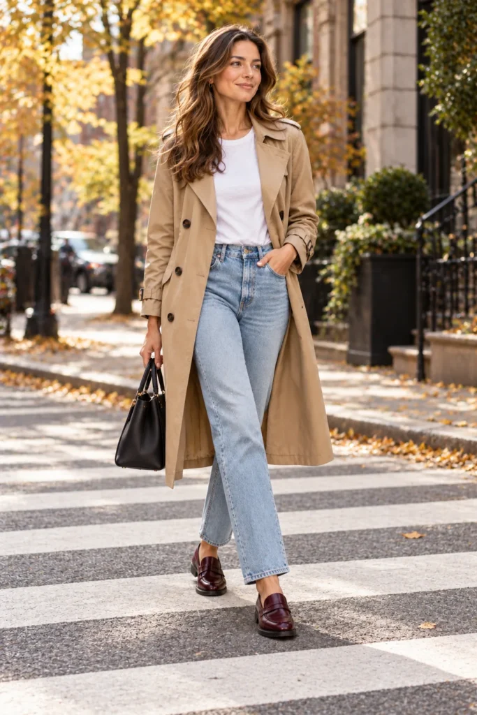 Woman in a beige trench coat, white tee, light-wash jeans and burgundy penny loafers crossing a street