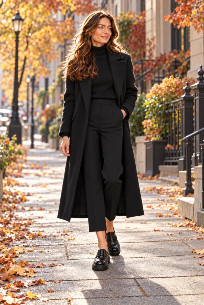 Woman in a long black wool coat, black turtleneck, cropped black trousers and chunky lug-sole loafers