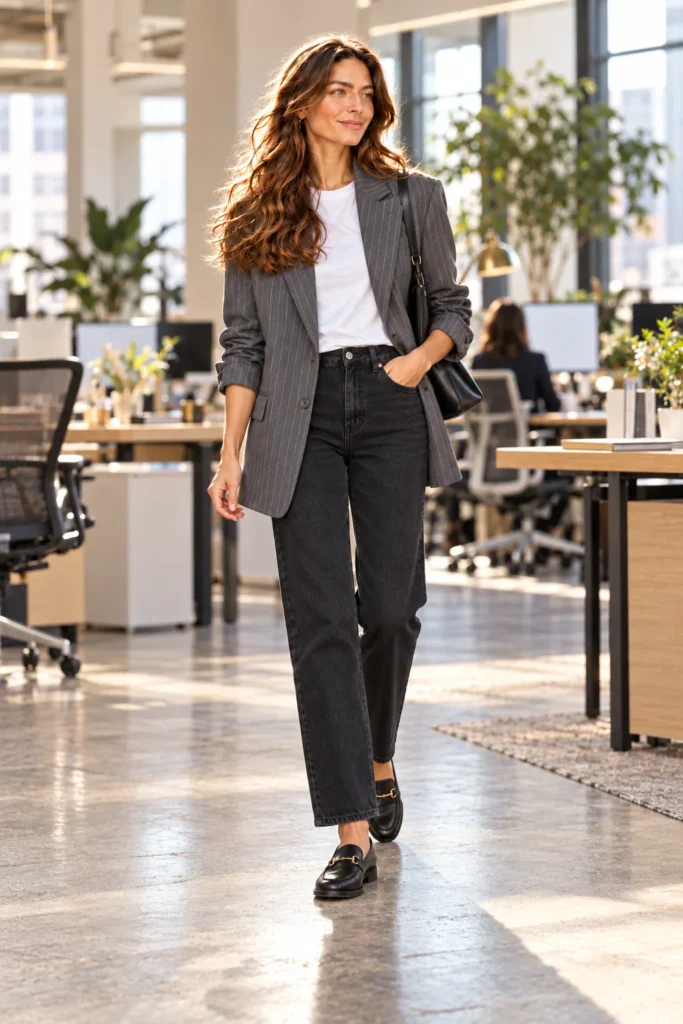 Woman in an oversized grey pinstripe blazer, white tee, black jeans and black horsebit loafers in an office