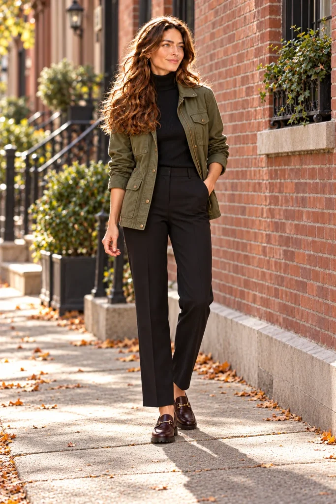 Woman in an olive utility jacket, black turtleneck, black trousers and chunky brown loafers by a brick wall