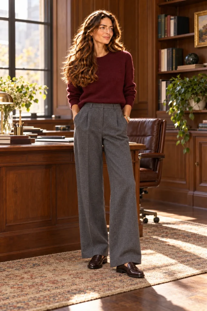 Woman in a burgundy sweater, grey wide-leg wool trousers and brown penny loafers in a wood-paneled office