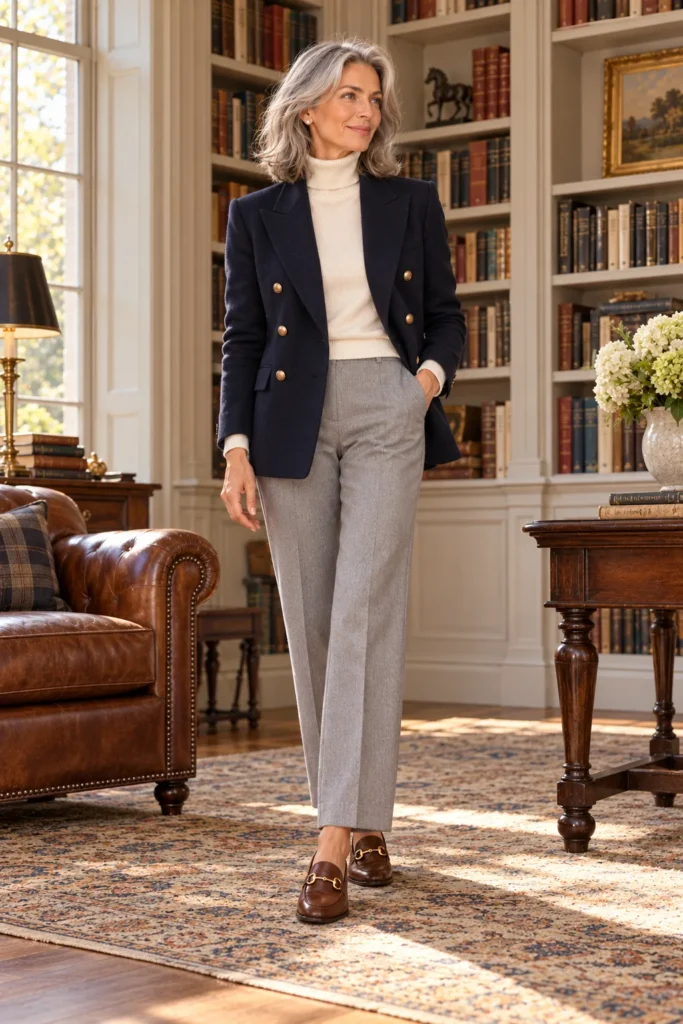 Stylish woman in her 50s in a navy double-breasted blazer, cream turtleneck, grey trousers and brown horsebit loafers